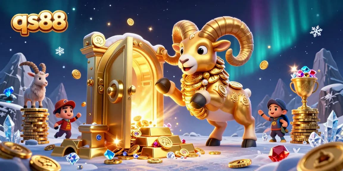 Experience the thrill of qs88 with an epic scene featuring a golden ram charging through a treasure-filled casino.