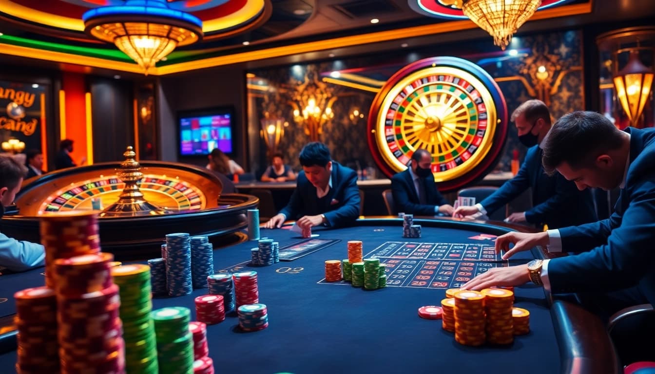 A vibrant casino scene featuring players engaged in high-stakes games at alo 789, showcasing luxury and excitement.