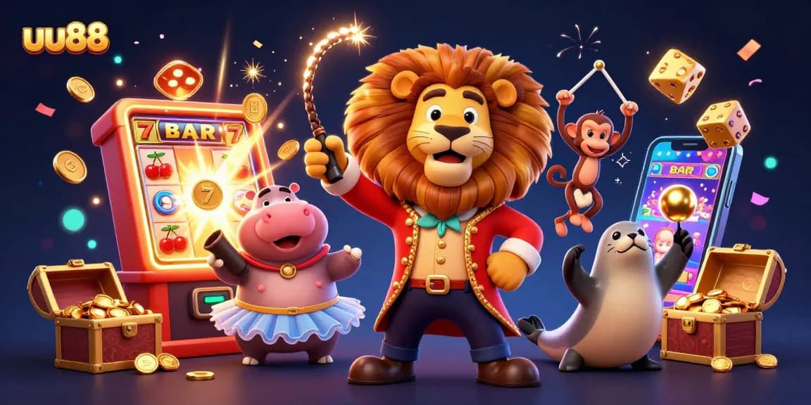 Experience the excitement of uu88 with a vibrant circus scene featuring a lion, monkey, and seal amid casino elements.