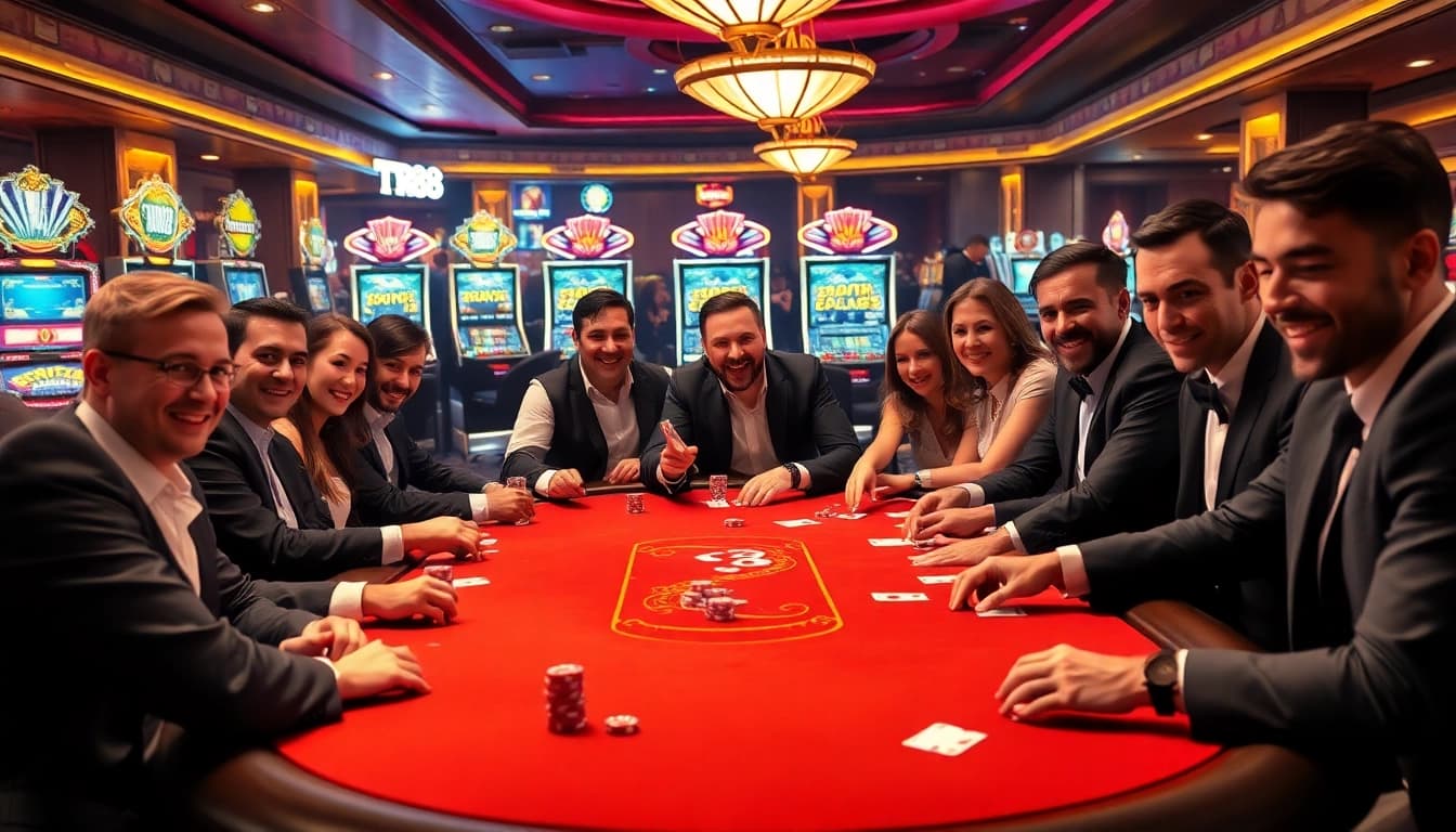 The excitement of players engaged in the TR88 game at a luxurious casino table, surrounded by vibrant gambling elements.