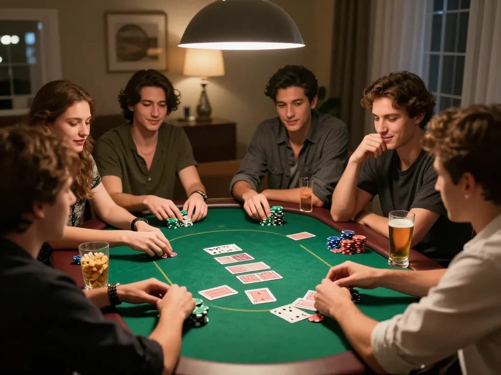 Friends enjoying poker night with keonhacai5 strategy insights at their table, vibrant atmosphere.
