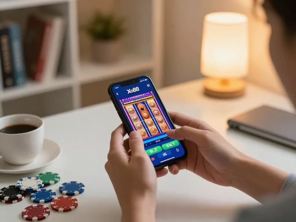 Play slots with App Xo88 on smartphone in a cozy home atmosphere, showcasing strategic gameplay.