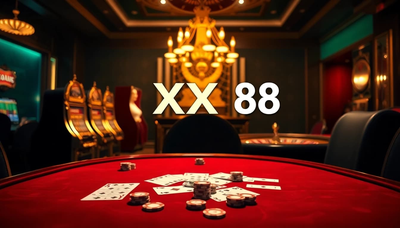 Players engaging in thrilling casino action at XX 88 featuring poker chips and cards on an elegant table.