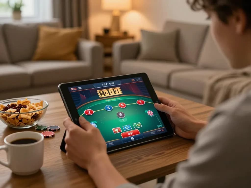 Engaged player enjoying 789clubgo poker game on a tablet in cozy living room