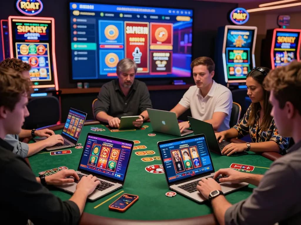 players enjoying TR88 online casino games on laptops and smartphones, showcasing vibrant graphics and engaging atmosphere