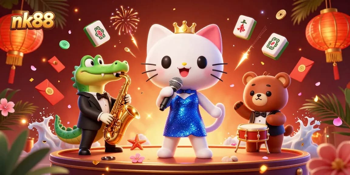 Experience the vibrant charm of nk88 in an animated casino scene with a jazzy cat, a crocodile, and a bear.