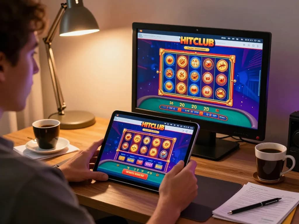 Engaging with the Hitclub online casino interface on a tablet in a cozy home setup