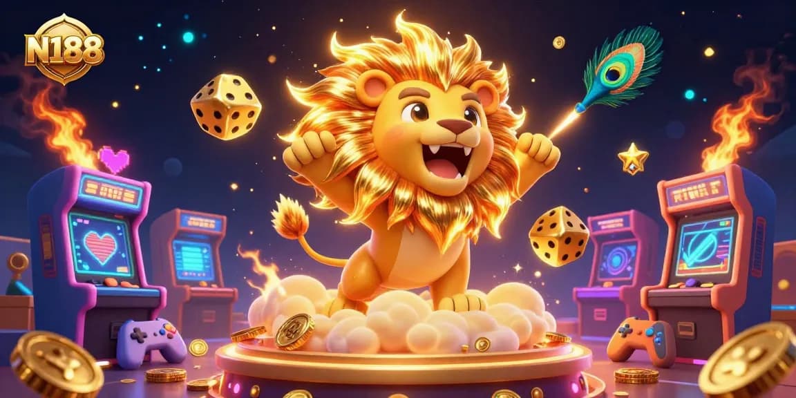 N188 players enjoy vibrant gaming with 3D animated characters and gold dice in a dynamic casino illustration.