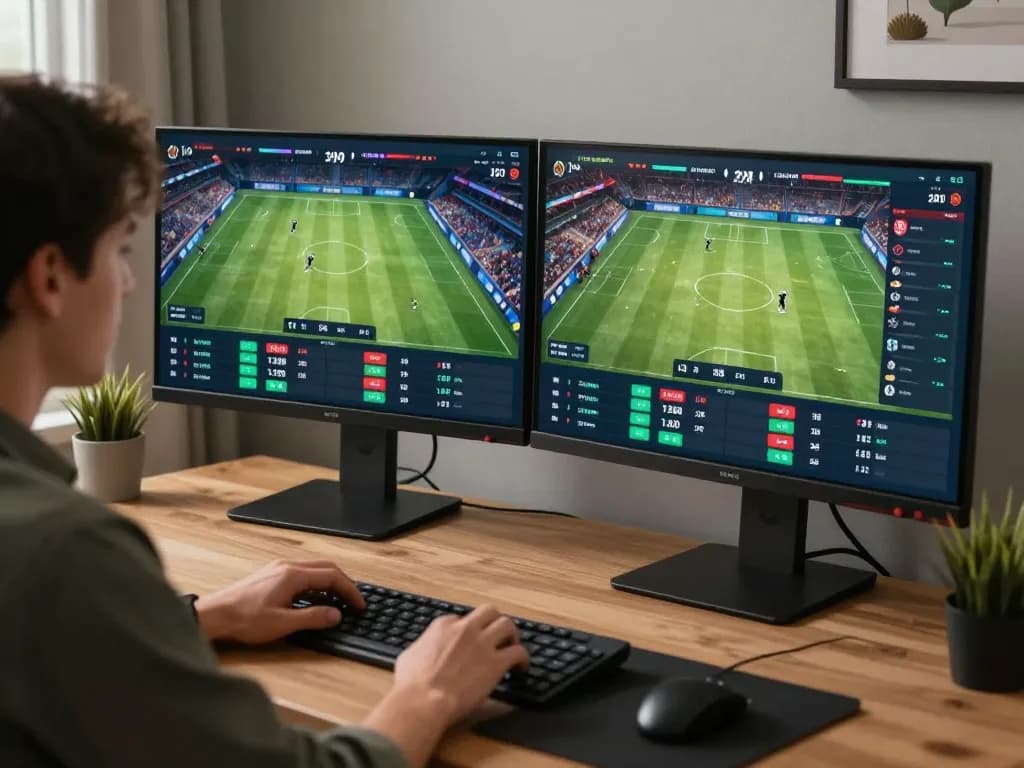 Engaging sports betting scene with Usbet app open on dual monitors and person analyzing odds.