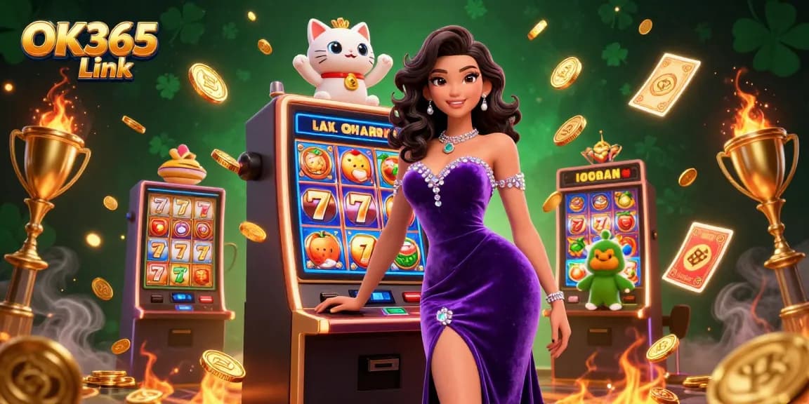 Experience the exciting world of online gaming with OK365 Link featuring a glamorous woman by a jackpot slot machine.