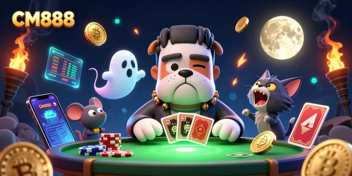 Enter the thrilling world of CM888 with a cartoon bulldog dealer and whimsical elements at a vibrant gaming table.