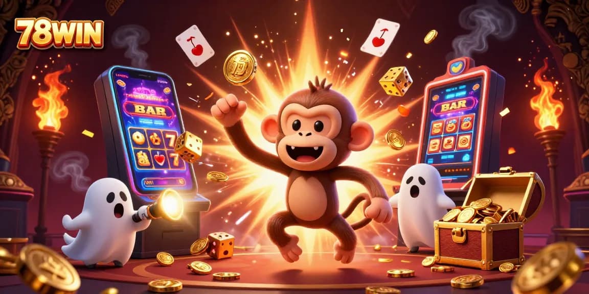Experience the thrill of 78WIN with a ghostly monkey juggling golden casino elements in this vibrant scene.