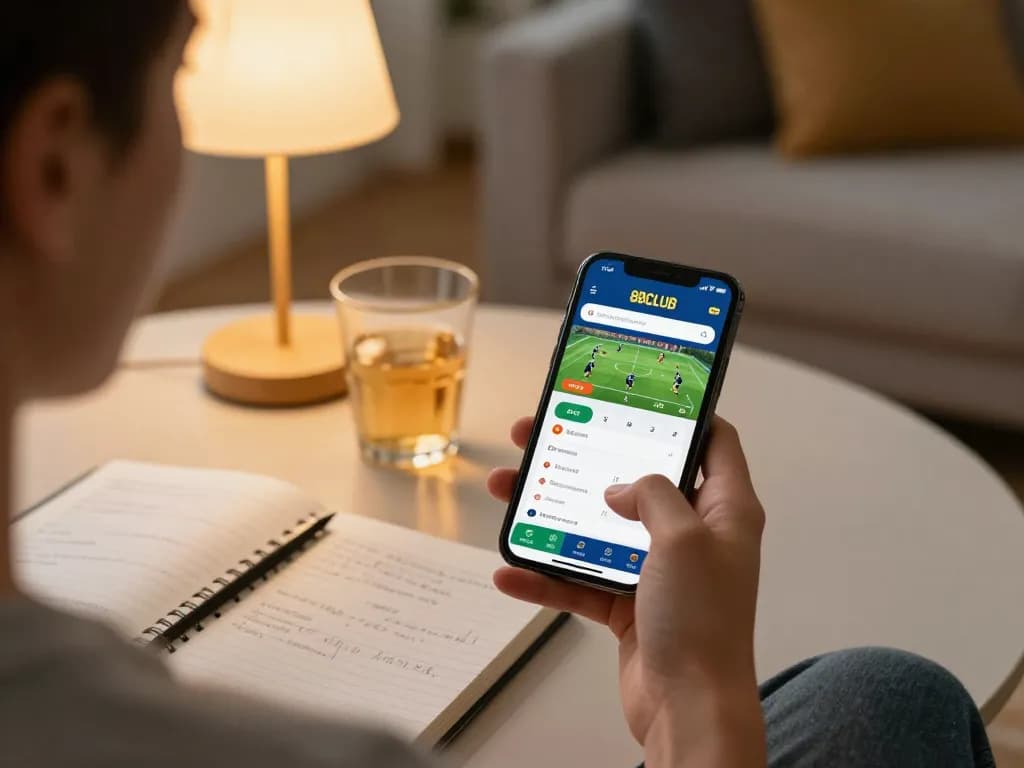Betting on 88CLUB app from home, showcasing responsible gaming setup with strategic notes.