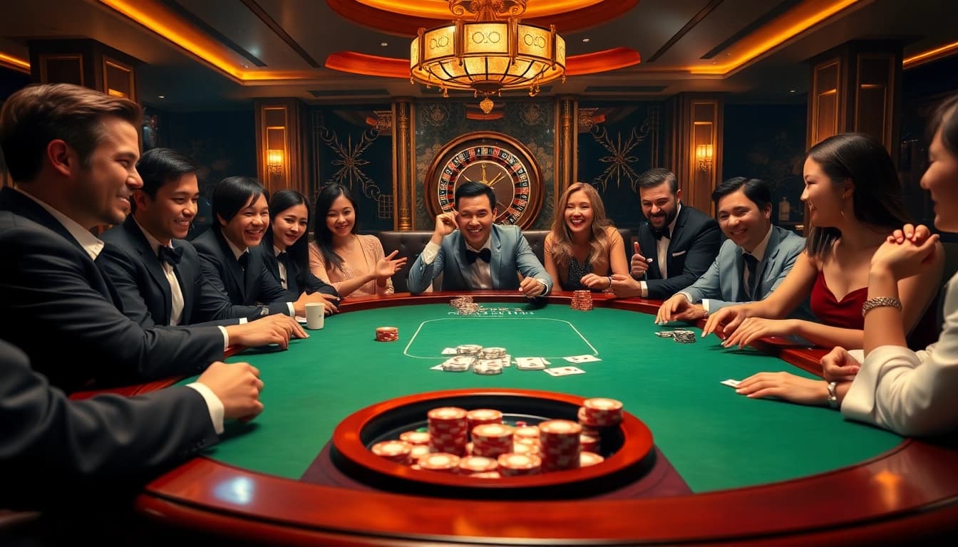 Exciting scene at nhà cái uy tín OK8386 casino, highlighting a winning poker moment.