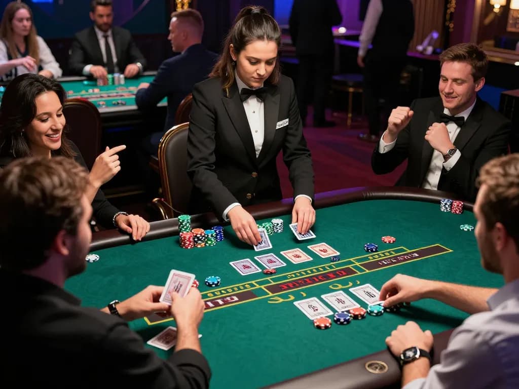 Pucuk138 players celebrating a win at a baccarat table, showcasing excitement and strategic gameplay.