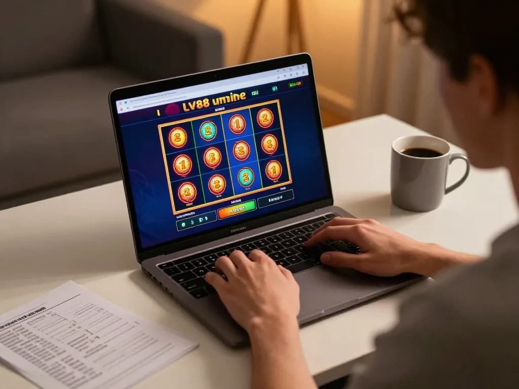 Player engaging with LV88 online casino interface on laptop showcasing vibrant betting options