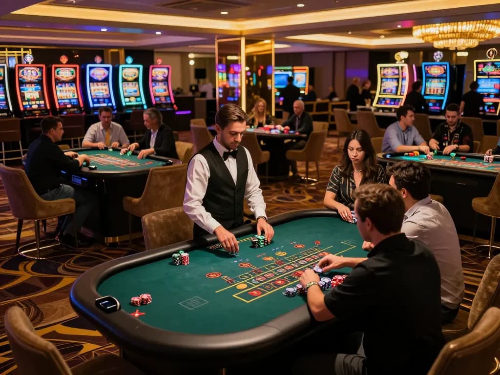 8day casino players engaging in intense blackjack and roulette action under luxurious ambient lighting