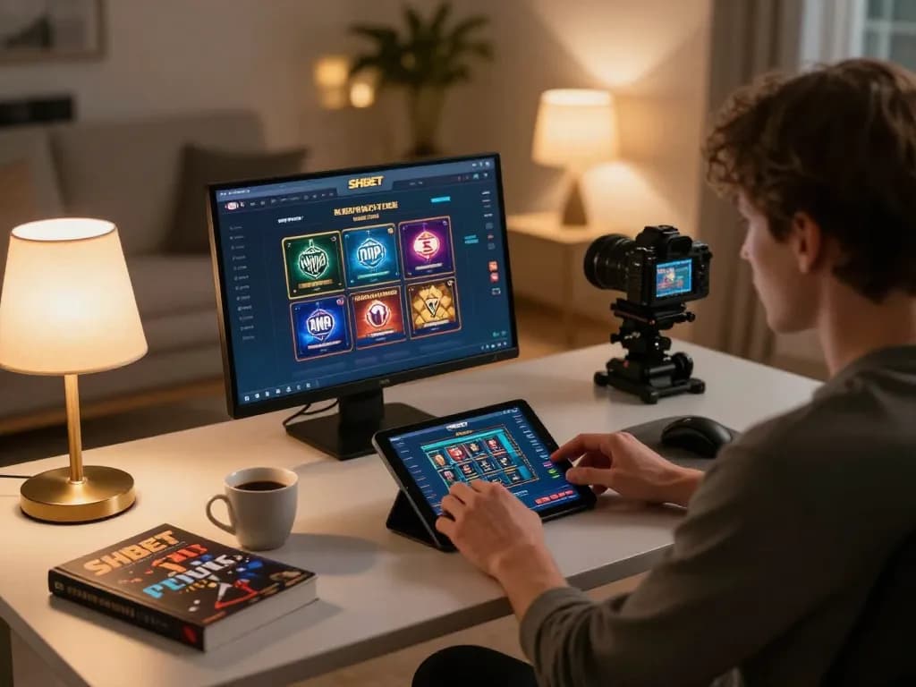 Person strategizing on SHBET online casino while using a tablet in a cozy home setting