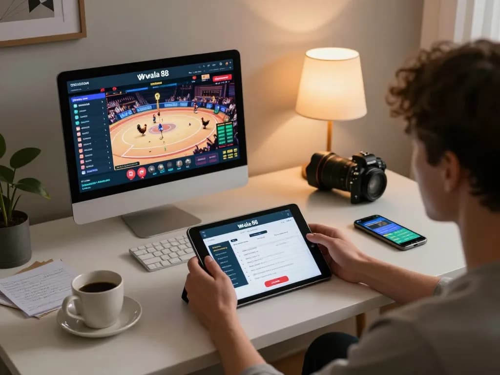 Engaging user at home utilizing wala 88 for live betting on rooster fights with warm ambient lighting