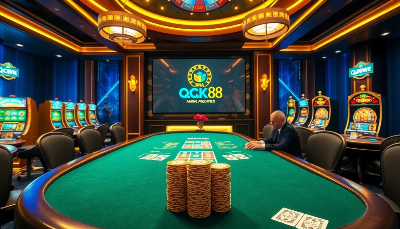 Engaging gamblers at Nhà Cái QQ88 with a luxurious casino scene featuring poker games and slot machines.