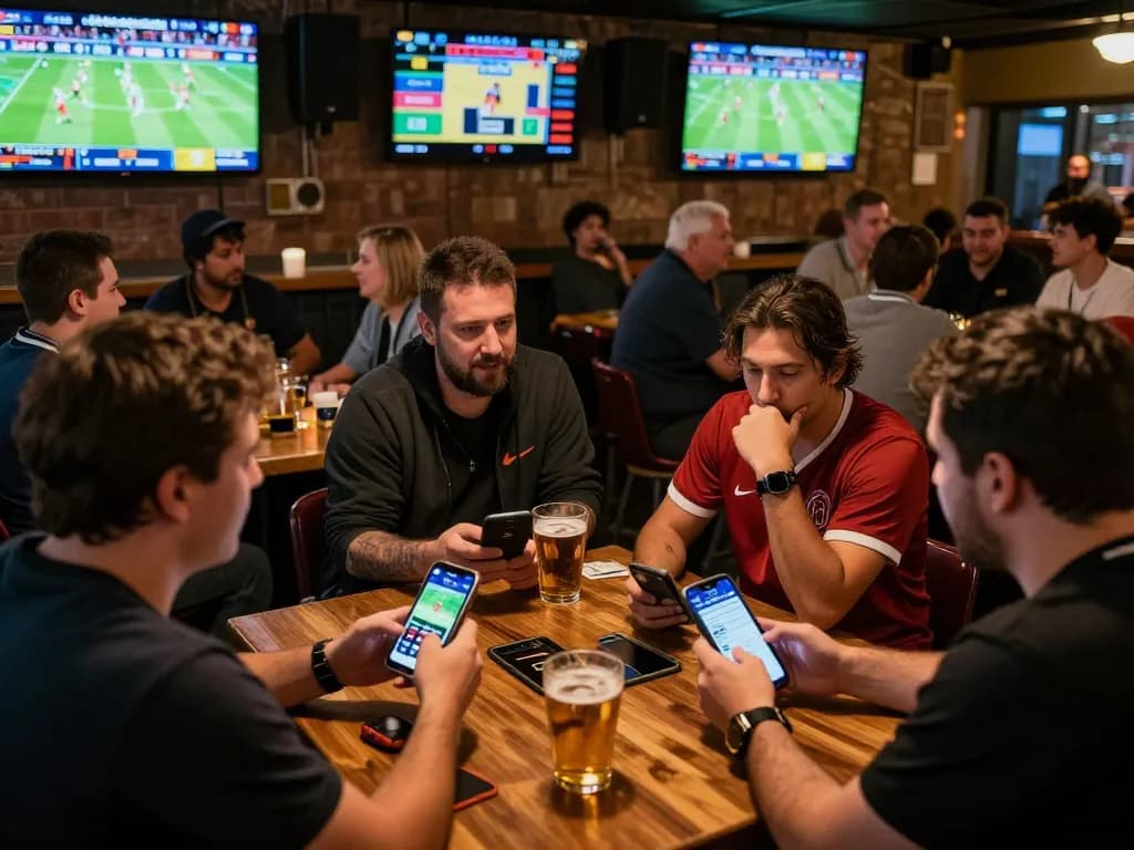 Kèo Nhà Cái Hôm Nay in action as sports fans discuss betting strategies at an energetic sports bar.