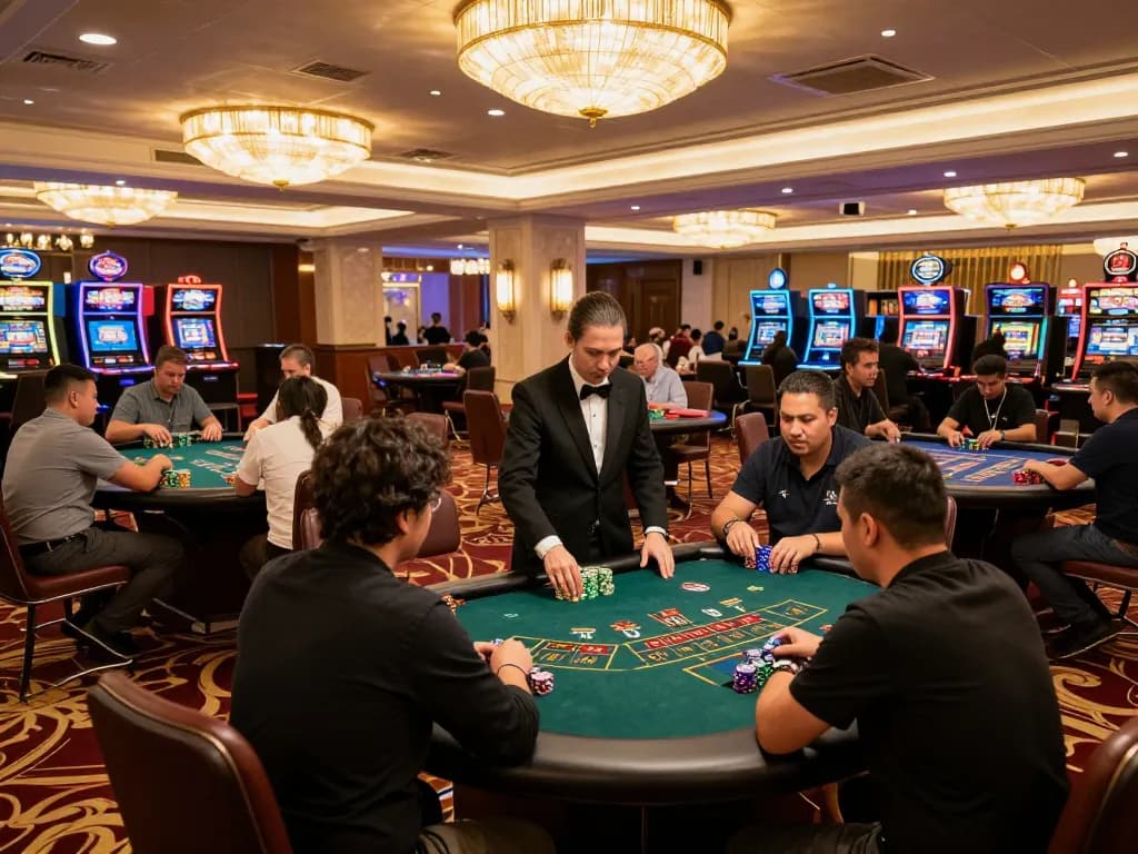 Engaged players at a Tài Xỉu Online table focus on their bets in a vibrant casino atmosphere