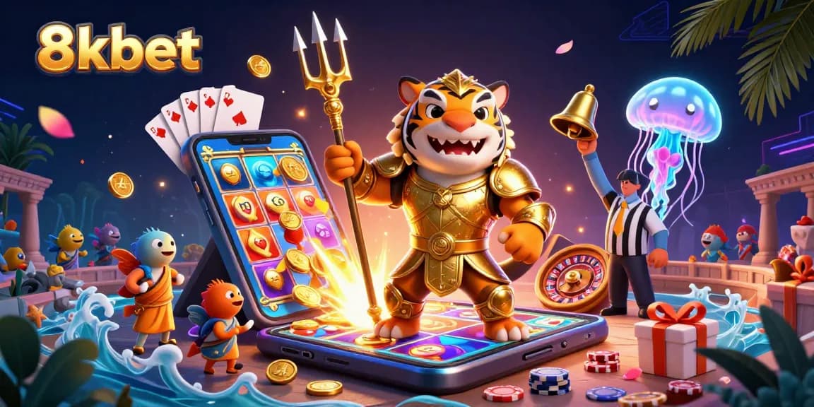 Engage with 8xbet's exciting underwater casino world featuring a golden gladiator shark and lively game elements.