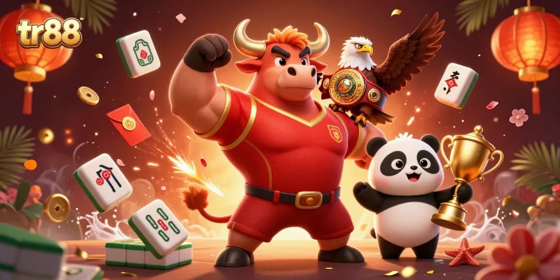 Win big at tr88 with vibrant casino action featuring a bull mascot, eagle, and panda!