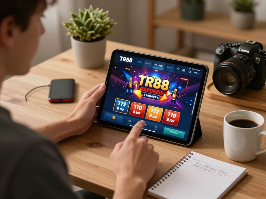Person enjoying online gaming on TR88SEO app with strategy notes beside
