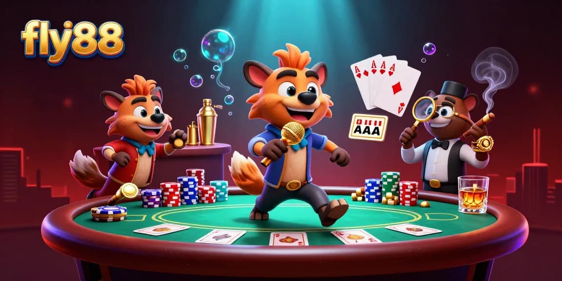 Fly88 hyenas perform comedy in a casino setting, showcasing excitement and humor.