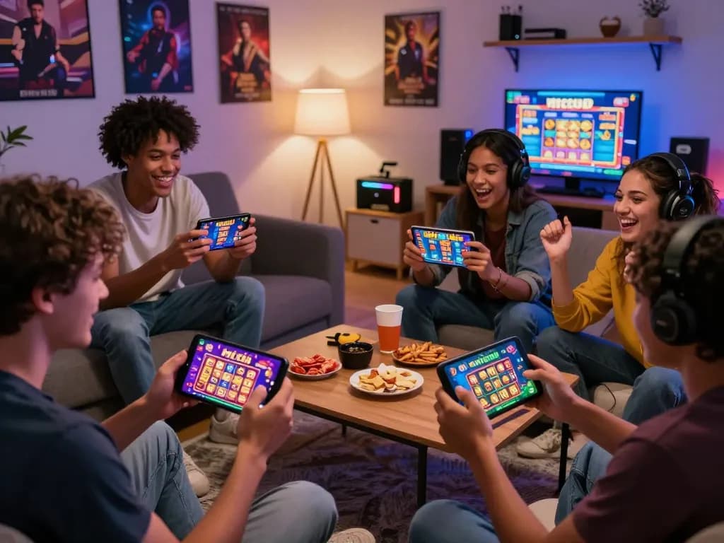 Engaging gaming scene showing friends playing tải hitclub app on mobile devices in a cozy living room.