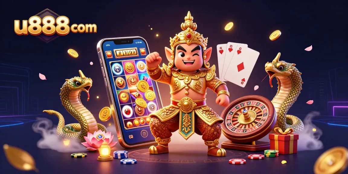 Win big with u888 com's vibrant 3D casino gaming scene featuring slots, cards, and jackpots.