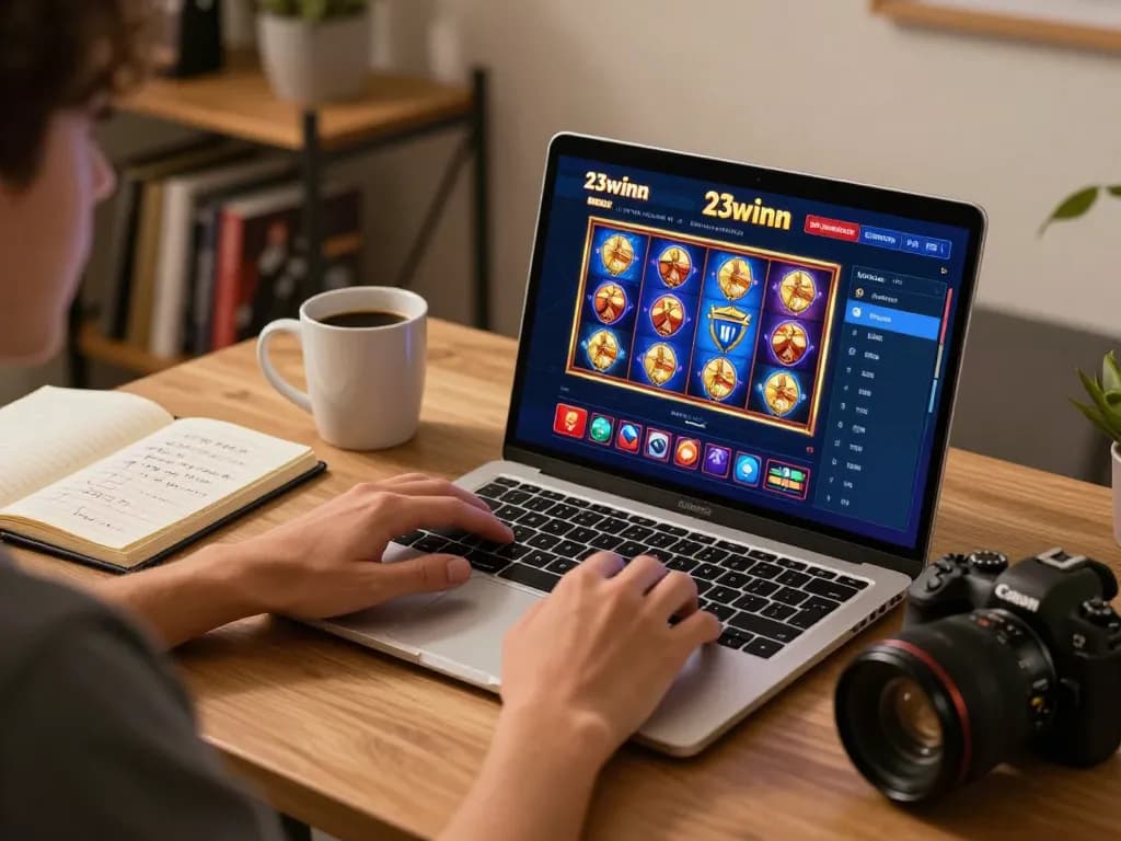 Engaging online gaming experience at 23winn with colorful slots and strategic notes nearby.