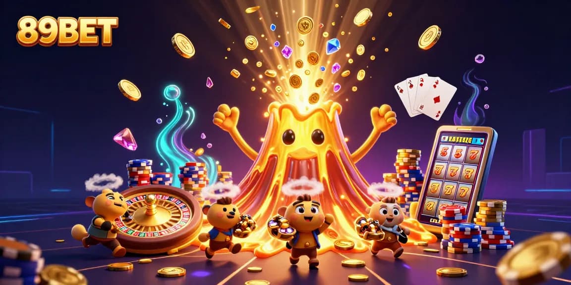 Win big at 89BET with an exciting eruption of coins and treasures in this vibrant casino scene.