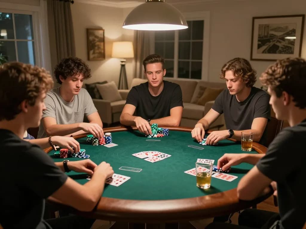 Friends engaged in a lively poker night at home, showcasing gaming excitement at sc88.casino.
