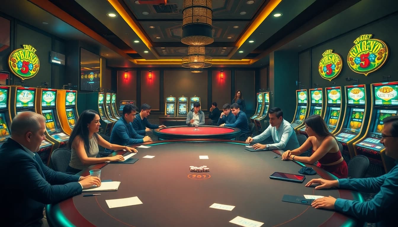 Players enjoying a thrilling game at 789f online casino with vibrant poker tables and slot machines.