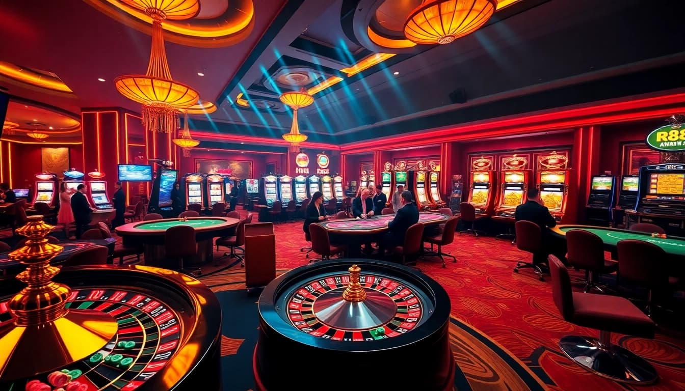 Action-packed casino scene representing nhà cái uy tín RR88 with players engaging in thrilling games.