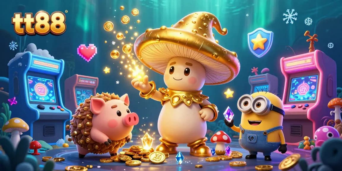 tt88 gaming illustration with golden wizard, treasure-hunting pig, and vibrant casino games.