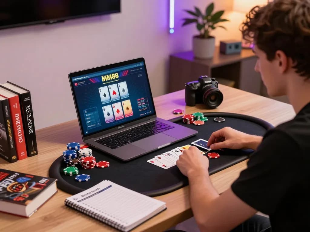Player engaged in online poker on MM88, showcasing strategy and excitement in a cozy home setting.