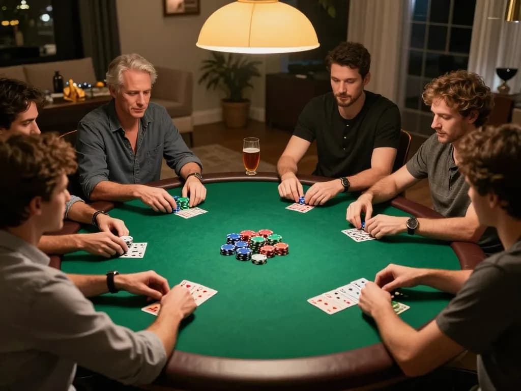 Kong88 players strategizing during an engaging home poker night with chips and cards.