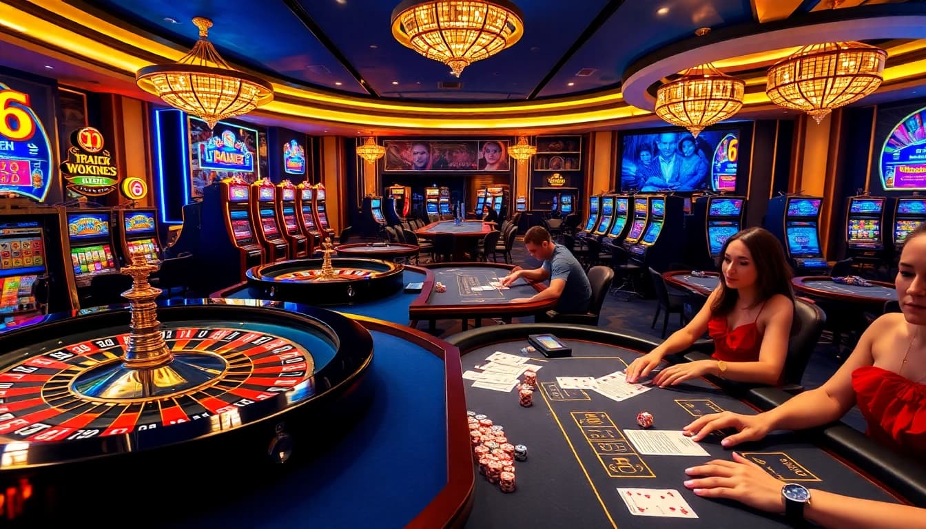 Multicolored slot machines and poker tables in a luxurious casino setting at km1888b, capturing the excitement of gambling.