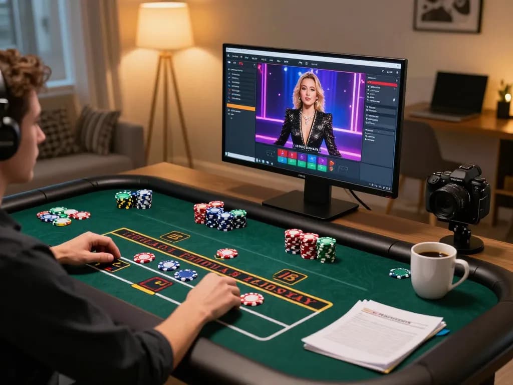 Engaged user experiencing live dealer games on LV88, showcasing vibrant online gaming setup and strategic planning elements.