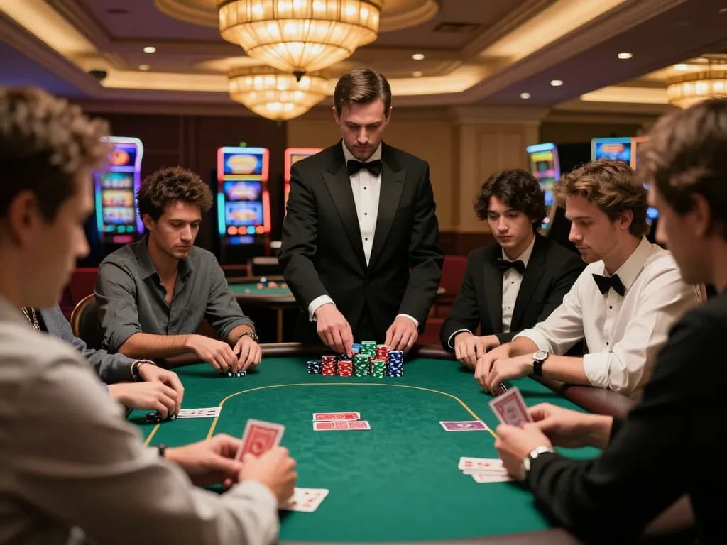 The intense atmosphere of a high-stakes poker game in an upscale casino, showcasing keonhacaivn strategies with players focused on their cards and chips.