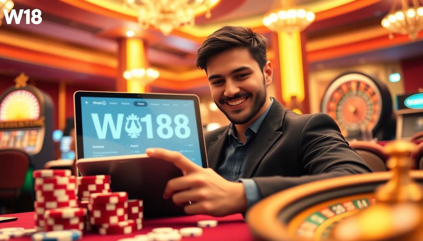 Engaging gamer logging into đăng nhập W188 on an online casino platform with vibrant gaming elements.