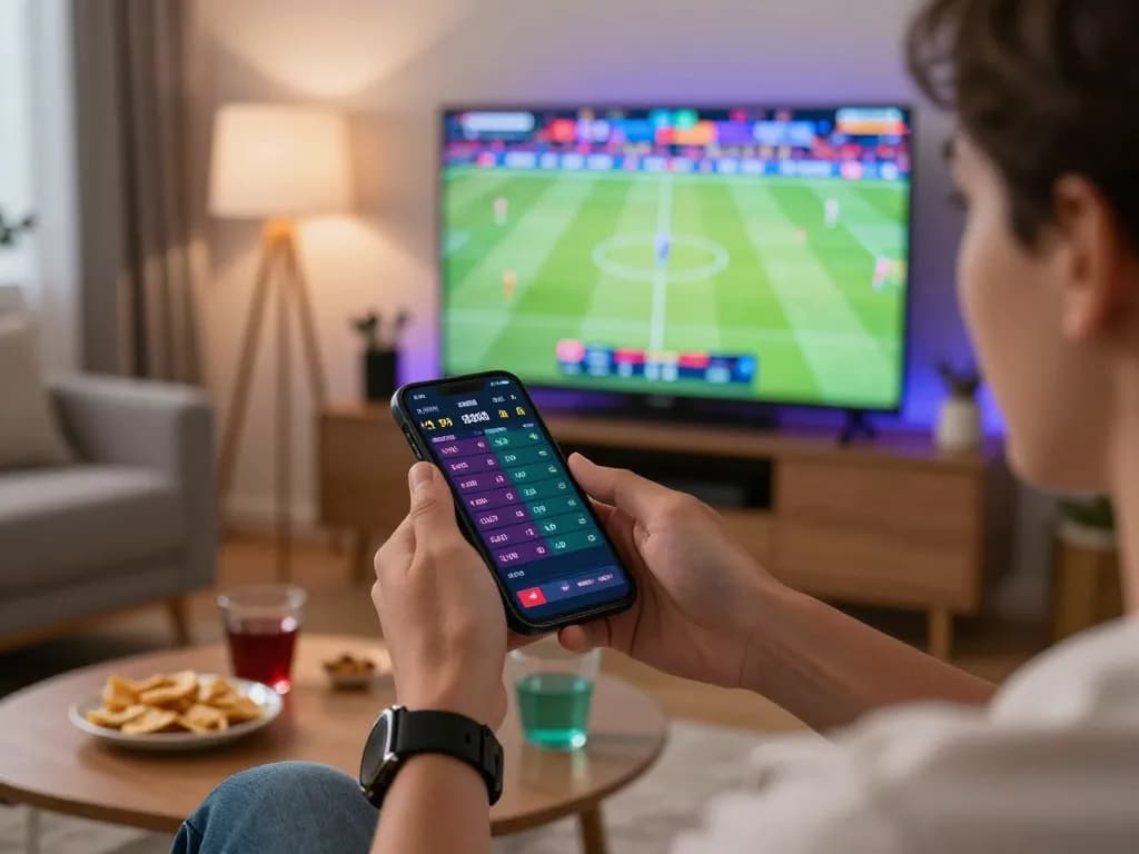 N88 players engaging in live sports betting on their smartphone in a cozy living room setting