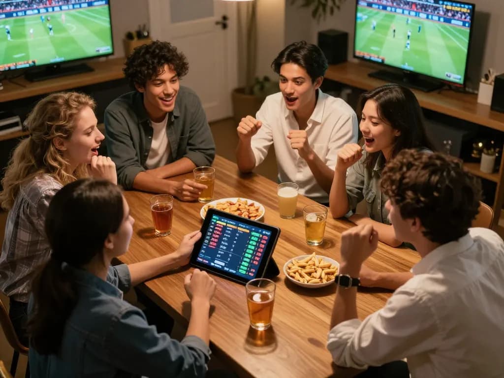 Friends engaged in sports betting at home using bj88bj, surrounding lively atmosphere with live game screens.