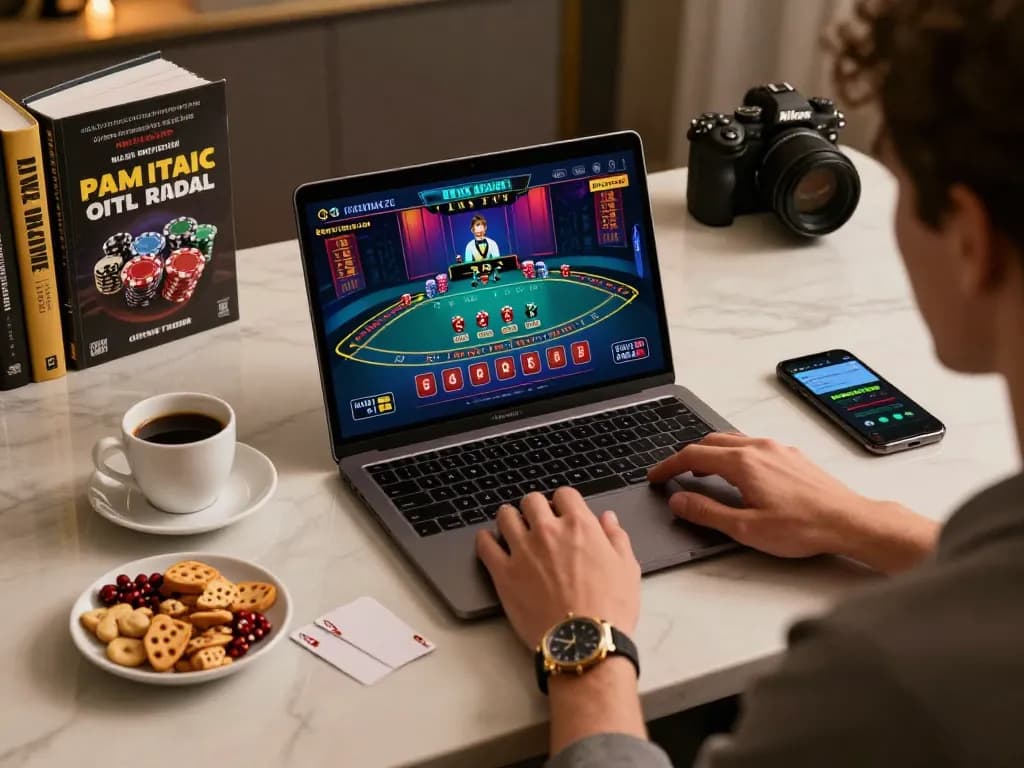 MM88 player engaging in responsible online gaming using a laptop during a cozy home session.