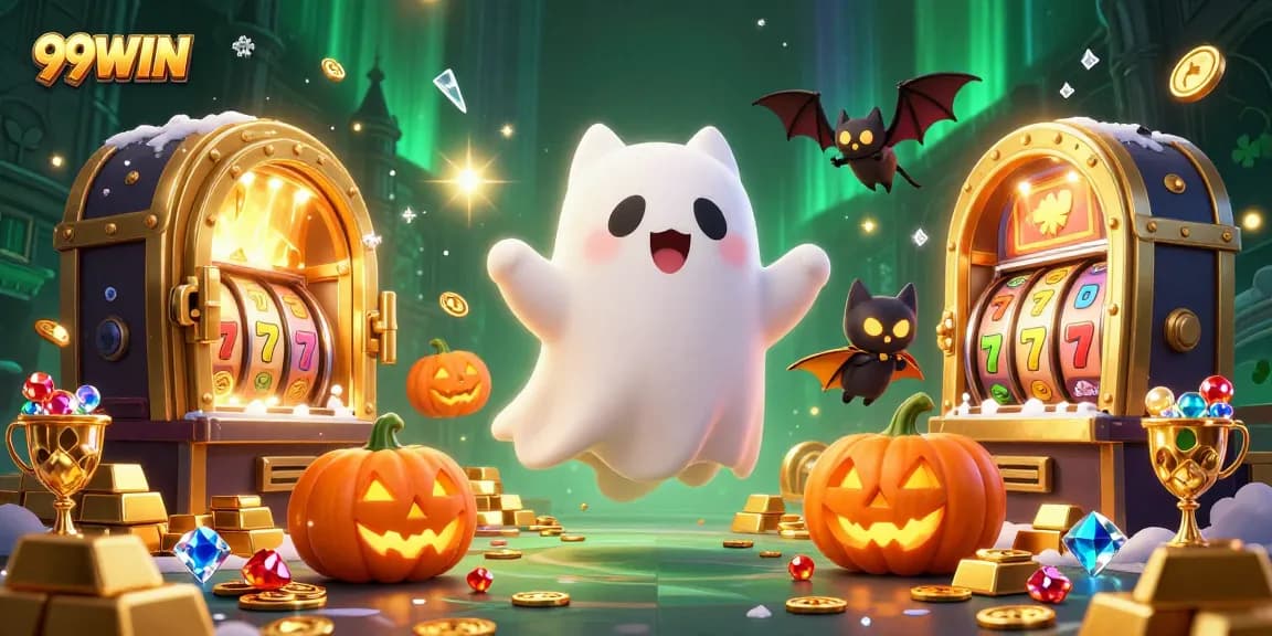 99WIN delivers thrilling experiences with a ghost cat and vampire bat in a vibrant casino scene.