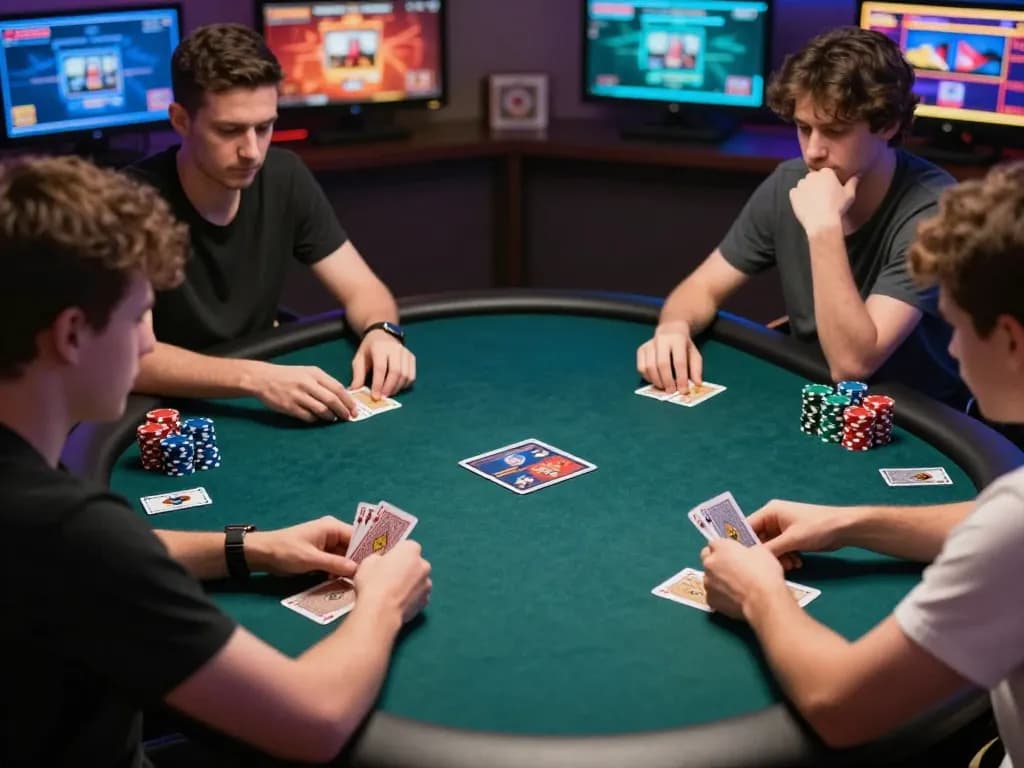 Players engaged in strategic online poker game on fly88 platform with vibrant chips and cards.