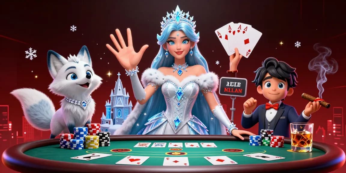 Experience Sin88's thrilling casino action with an icy queen and her fox companion amid poker vibrancy.